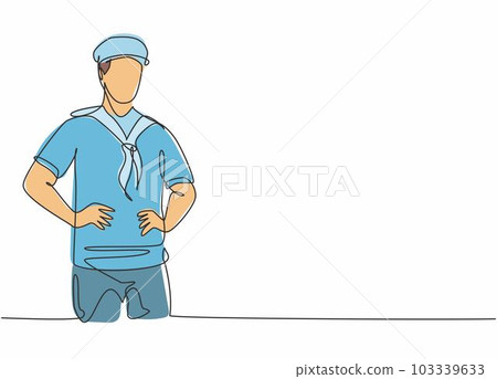 Continuous one line drawing of young sailor man wearing sailing uniform with hat before have a sail. Professional job profession minimalist concept. Single line draw design vector graphic illustration 103339633