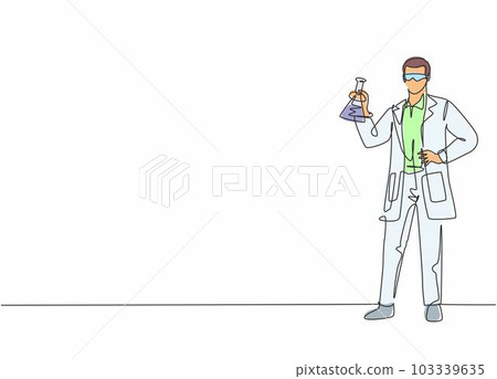 Continuous one line drawing of young male scientist holding flask contain illness vaccine formula. Professional job profession minimalist concept. Single line draw design vector graphic illustration 103339635