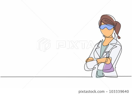 Single continuous line drawing young female scientist wearing goggling and holding flask in lab. Professional work job occupation. Minimalism concept one line draw graphic design vector illustration Single continuous line drawing young female scientist wearing goggling and holding flask in lab. Professional work job occupation. Minimalism concept one line draw graphic design vector illustration 103339640