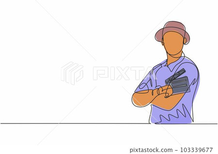 Single one line drawing young male film director cross arm on chest and hold clapping board. Professional profession occupation minimal concept. Continuous line draw design graphic vector illustration Single one line drawing young male film director cross arm on chest and hold clapping board. Professional profession occupation minimal concept. Continuous line draw design graphic vector illustration 103339677