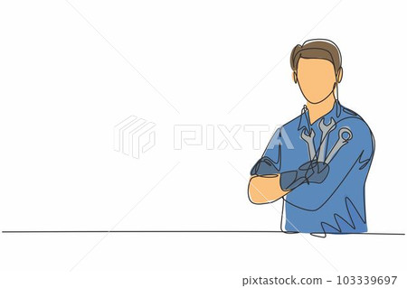 Single one line drawing of young male mechanic posing cross arm on chest. Professional work profession and occupation minimal concept. Continuous line draw design graphic vector illustration Single one line drawing of young male mechanic posing cross arm on chest. Professional work profession and occupation minimal concept. Continuous line draw design graphic vector illustration 103339697
