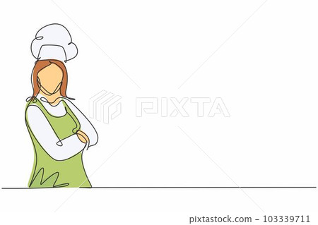 Single one line drawing of young attractive woman chef posing stand elegantly with arm crossed on chest. Excellent hotel restaurant service trendy one line hand drawn vector illustration minimalism 103339711