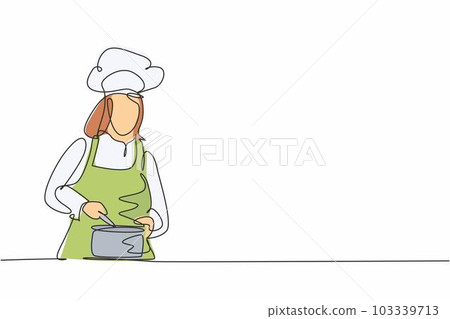 Single one line drawing of young beauty female chef stirring soup on pan to mix seasoning. Healthy organic vegan food modern template one line hand drawn vector illustration minimalism style 103339713