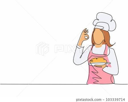 Single one line drawing of young attractive female chef making excellent taste gesture to delicious main dish meal he served. Hotel restaurant trendy one line hand drawn vector illustration minimalism Single one line drawing of young attractive female chef making excellent taste gesture to delicious main dish meal he served. Hotel restaurant trendy one line hand drawn vector illustration minimalism 103339714