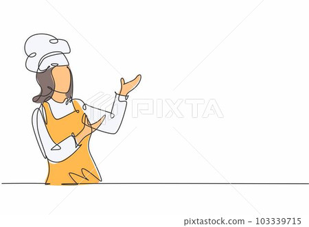 Single continuous line drawing of young friendly woman chef in uniform pose serving menu at screen display. Online food restaurant banner concept one line drawing design vector graphic illustration 103339715