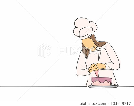 Single continuous line drawing young female chef decorating birthday pastry cake with whipping cream on restaurant kitchen. Bakery food concept one line drawing design vector minimalism illustration Single continuous line drawing young female chef decorating birthday pastry cake with whipping cream on restaurant kitchen. Bakery food concept one line drawing design vector minimalism illustration 103339717