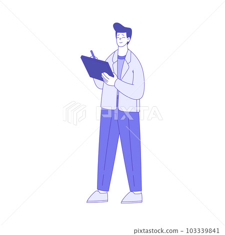 Business Man Character Standing with Tablet and Smiling Vector Illustration Business Man Character Standing with Tablet and Smiling Vector Illustration 103339841