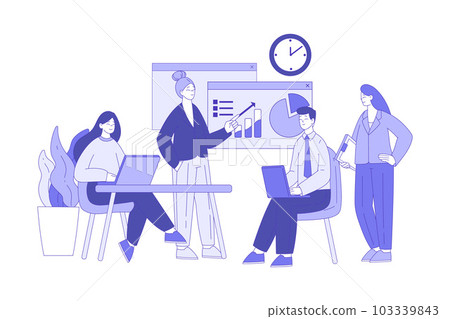 Office Staff with Man and Woman Discuss Chart and Graph with Company Statistics Working Together Vector Illustration Office Staff with Man and Woman Discuss Chart and Graph with Company Statistics Working Together Vector Illustration 103339843