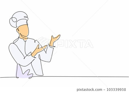 Single continuous line drawing of young friendly man chef in uniform pose serving menu at screen display. Online food restaurant banner concept one line drawing design vector graphic illustration Single continuous line drawing of young friendly man chef in uniform pose serving menu at screen display. Online food restaurant banner concept one line drawing design vector graphic illustration 103339938