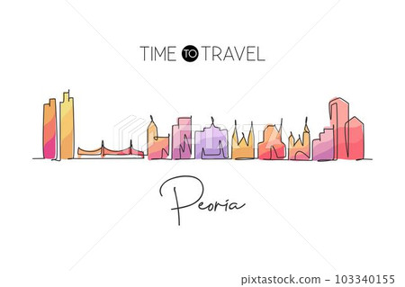 One single line drawing Peoria city skyline, Illinois. World historical town landscape. Best holiday destination postcard print. Editable stroke trendy continuous line draw design vector illustration 103340155