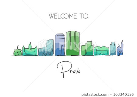 One continuous line drawing Provo city skyline, Utah. Beautiful landmark art. World landscape tourism travel home wall decor poster print. Stylish single line draw design vector graphic illustration 103340156