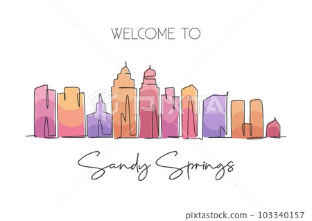 Single continuous line drawing Sandy Springs skyline, Georgia. Famous city scraper landscape. World travel home wall decor art poster print concept. Modern one line draw design vector illustration 103340157