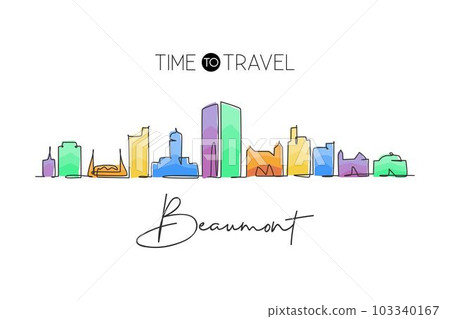 One single line drawing Beaumont city skyline, Texas. World historical town landscape. Best holiday destination postcard. Editable stroke trendy continuous line draw design vector graphic illustration 103340167