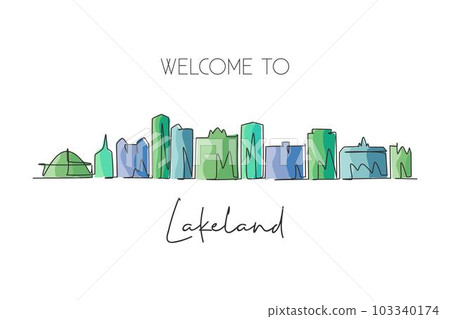 Single continuous line drawing of Lakeland skyline, Florida. Famous city scraper landscape sign. World travel home wall decor art poster print concept. Modern one line draw design vector illustration Single continuous line drawing of Lakeland skyline, Florida. Famous city scraper landscape sign. World travel home wall decor art poster print concept. Modern one line draw design vector illustration 103340174