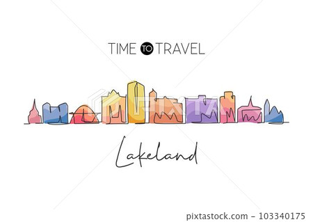 One continuous line drawing Lakeland city skyline, Florida. Beautiful landmark art. World landscape tourism travel home wall decor poster print. Stylish single line draw design vector illustration One continuous line drawing Lakeland city skyline, Florida. Beautiful landmark art. World landscape tourism travel home wall decor poster print. Stylish single line draw design vector illustration 103340175