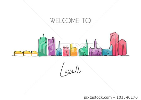 One single line drawing Lowell city skyline, Massachusetts. World historical town landscape. Best holiday destination postcard. Editable stroke trendy continuous line draw design vector illustration One single line drawing Lowell city skyline, Massachusetts. World historical town landscape. Best holiday destination postcard. Editable stroke trendy continuous line draw design vector illustration 103340176