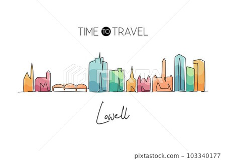 Single continuous line drawing of Lowell skyline, Massachusetts. Famous city scraper landscape. World travel home wall decor art poster print concept. Modern one line draw design vector illustration Single continuous line drawing of Lowell skyline, Massachusetts. Famous city scraper landscape. World travel home wall decor art poster print concept. Modern one line draw design vector illustration 103340177
