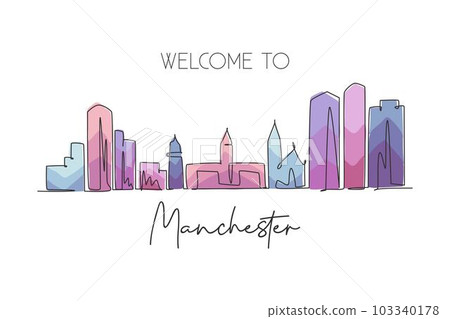 One single line drawing Manchester city skyline, New Hampshire. World historic town landscape. Best holiday destination postcard. Editable stroke trendy continuous line draw design vector illustration One single line drawing Manchester city skyline, New Hampshire. World historic town landscape. Best holiday destination postcard. Editable stroke trendy continuous line draw design vector illustration 103340178