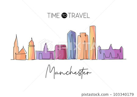 Single continuous line drawing Manchester skyline, New Hampshire. Famous city scraper landscape. World travel home wall decor art poster print concept. Modern one line draw design vector illustration 103340179