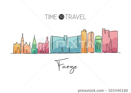 One single line drawing Fargo city skyline, North Dakota. World historical town landscape postcard. Best holiday destination. Editable stroke trendy continuous line draw design vector illustration 103340180