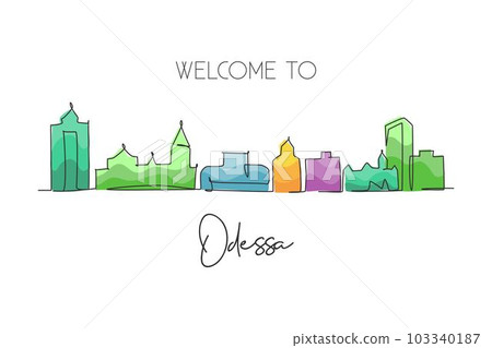 One single line drawing Odessa city skyline, Texas. World historical town landscape postcard. Best holiday destination. Editable stroke trendy continuous line draw design vector graphic illustration 103340187