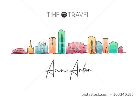One single line drawing Ann Arbor city skyline, Michigan. World historical town landscape postcard. Best holiday destination. Editable stroke trendy continuous line draw design vector illustration 103340195