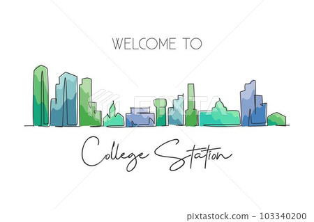 One continuous line drawing College Station city skyline, Texas. Beautiful landmark. World landscape tourism travel home wall decor poster print. Stylish single line draw design vector illustration One continuous line drawing College Station city skyline, Texas. Beautiful landmark. World landscape tourism travel home wall decor poster print. Stylish single line draw design vector illustration 103340200