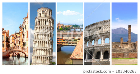 Set of vertical banner with landmark of Italy. Travel, vacation and tourism concept. Ruins of Pompeii, Leaning Tower of Pisa, Canal of Venice, Coliseum in Rome, Ponte Vecchio in Florence Set of vertical banner with landmark of Italy. Travel, vacation and tourism concept. Ruins of Pompeii, Leaning Tower of Pisa, Canal of Venice, Coliseum in Rome, Ponte Vecchio in Florence 103340265