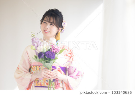 A portrait of a woman wearing a kimono with full kimono 103340686