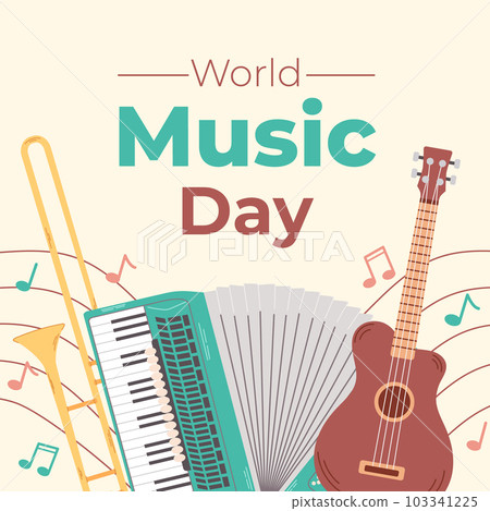 Square background for world music day celebration. Colorful template with musical instruments. Template for invitations, posters, promotions. Square background for world music day celebration. Colorful template with musical instruments. Template for invitations, posters, promotions. 103341225