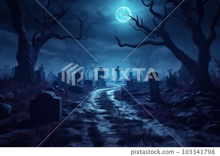 Graveyard in spooky death Forest At Halloween Night. 103341798