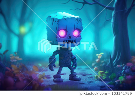 Cute cartoon character little zombie on graveyard in spooky death Forest At Halloween Night. 103341799