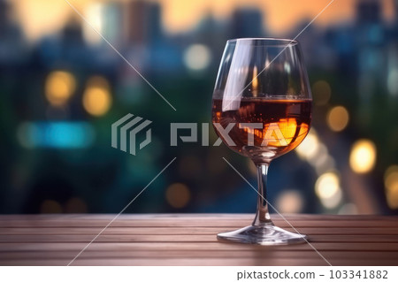 A glass of wine on wooden board on blur city with bokeh background. 103341882