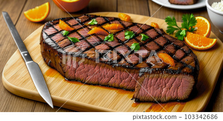 Grilled beef steak on wooden board with rosemary and orange. Fresh juicy delicious beef steak on wooden board. New York Striploin on wooden board. Grilled beef steak on wooden board with rosemary and orange. Fresh juicy delicious beef steak on wooden board. New York Striploin on wooden board. 103342686