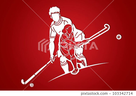 Group of Field Hockey Sport Man and Woman Players Action Cartoon Graphic Vector 103342714