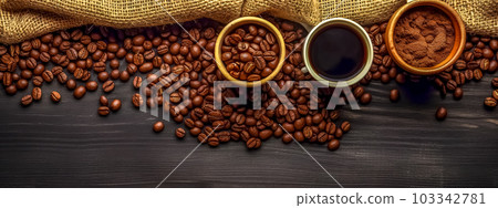 coffee mug and coffee beans on wooden table, banner, made with Generative AI 103342781