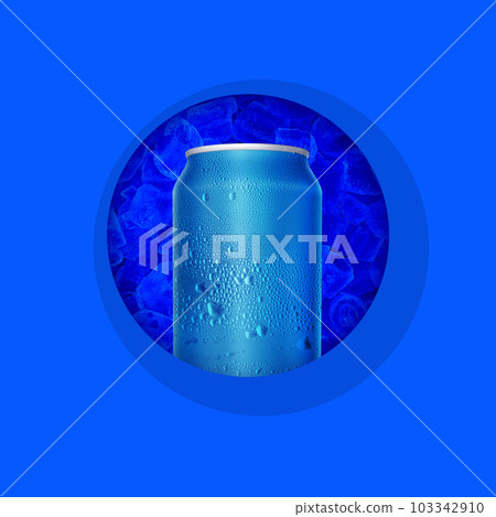 Cans with water droplets and ice on blue background Cans with water droplets and ice on blue background 103342910