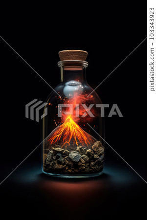 Erupting Volcano with Fiery Lava Flowing Out, Encased in a Bottle Against a Black Background. created with Generative AI 103343923