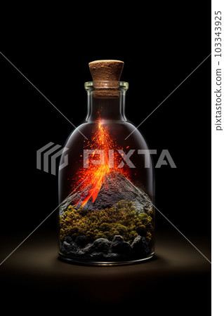 Erupting Volcano with Fiery Lava Flowing Out, Encased in a Bottle Against a Black Background. created with Generative AI 103343925