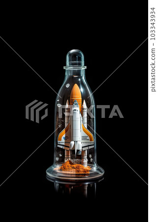 Journey to the Stars: Space Shuttle Embarked on a Cosmic Adventure, Encased in a Bottle Against a Black Background. created with Generative AI 103343934
