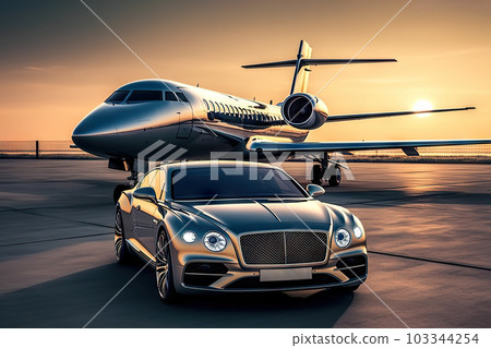 Ultimate Luxury: Super Car and Private Jet on the Landing Strip, Exuding Business Class Service at the Airport. created with Generative AI Ultimate Luxury: Super Car and Private Jet on the Landing Strip, Exuding Business Class Service at the Airport. created with Generative AI 103344254