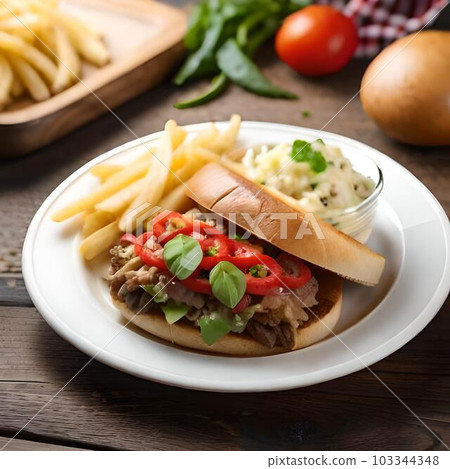 A plate of philly cheese steak with some Dutch potato salad A plate of philly cheese steak with some Dutch potato salad 103344348