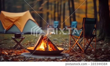 Magical Evening Campfire, Chairs and Tent in Enchanting Forest. created with Generative AI Magical Evening Campfire, Chairs and Tent in Enchanting Forest. created with Generative AI 103344384