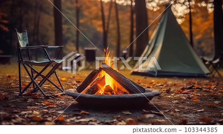 Magical Evening Campfire, Chairs and Tent in Enchanting Forest. created with Generative AI 103344385