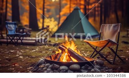 Magical Evening Campfire, Chairs and Tent in Enchanting Forest. created with Generative AI Magical Evening Campfire, Chairs and Tent in Enchanting Forest. created with Generative AI 103344386