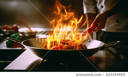 Fiery Culinary Mastery: Chef's Skillful Wok Cooking in a Professional Kitchen. created with Generative AI Fiery Culinary Mastery: Chef's Skillful Wok Cooking in a Professional Kitchen. created with Generative AI 103344404