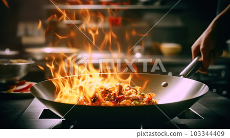Fiery Culinary Mastery: Chef's Skillful Wok Cooking in a Professional Kitchen. created with Generative AI Fiery Culinary Mastery: Chef's Skillful Wok Cooking in a Professional Kitchen. created with Generative AI 103344409
