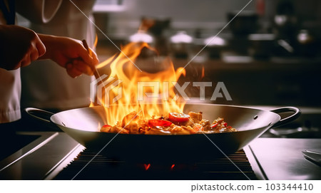 Fiery Culinary Mastery: Chef's Skillful Wok Cooking in a Professional Kitchen. created with Generative AI Fiery Culinary Mastery: Chef's Skillful Wok Cooking in a Professional Kitchen. created with Generative AI 103344410