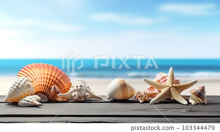 Seaside Splendor Seashells and Starfish on Blue Wooden Background, Embracing the Essence of Summer. created with Generative AI 103344479