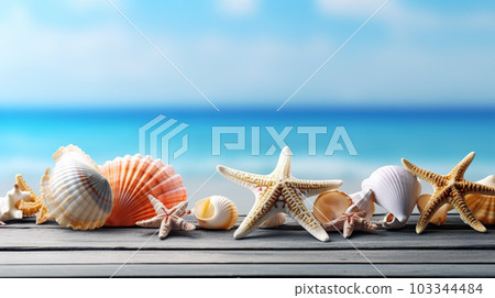 Seaside Splendor Seashells and Starfish on Blue Wooden Background, Embracing the Essence of Summer. created with Generative AI 103344484